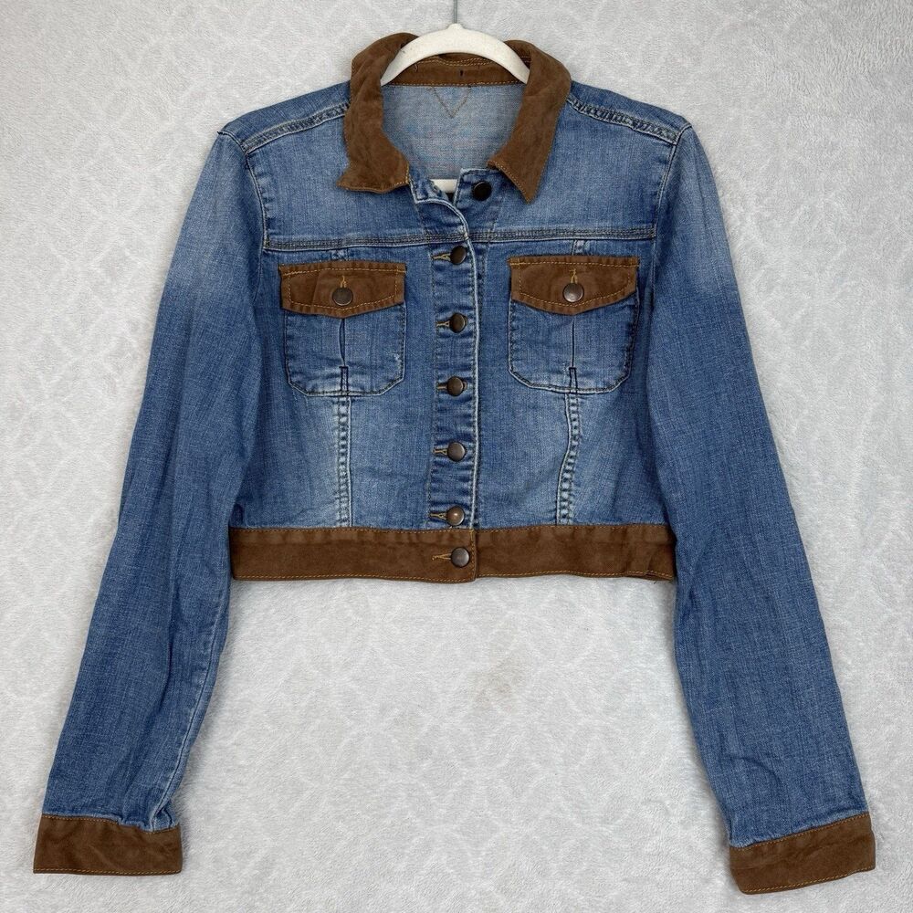 F21 Denim Jacket Womens S/M Blue Jean Faux Suede Cropped Y2K Western Boho Grunge